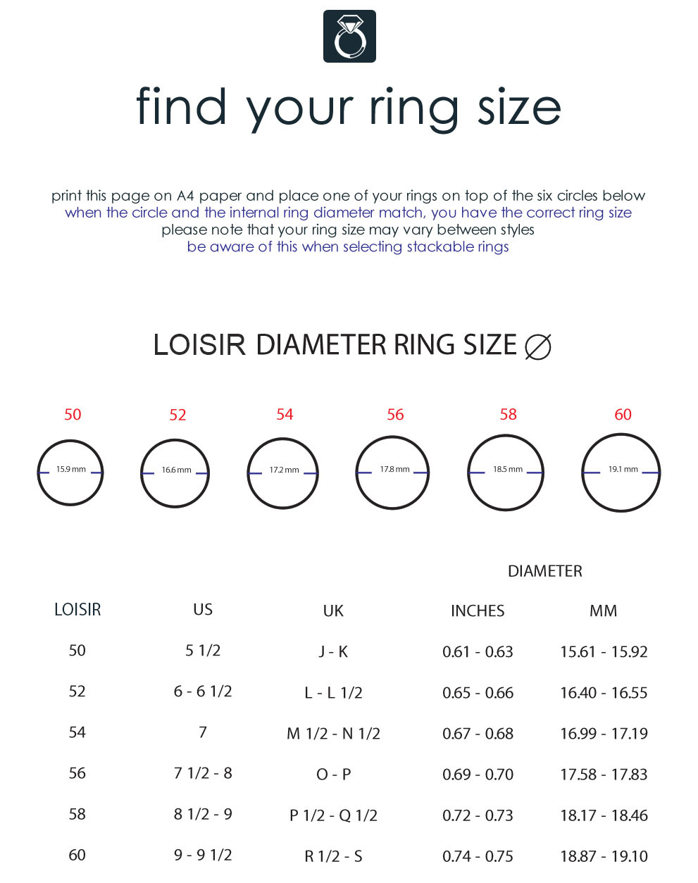 Ring Sizes Loisir