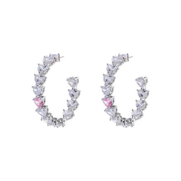 Festive Earrings metallic silver with hearts, pink and white cz