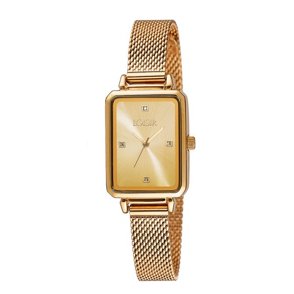 Stranger Watch with stainless steel gold plated mesh band and gold dial