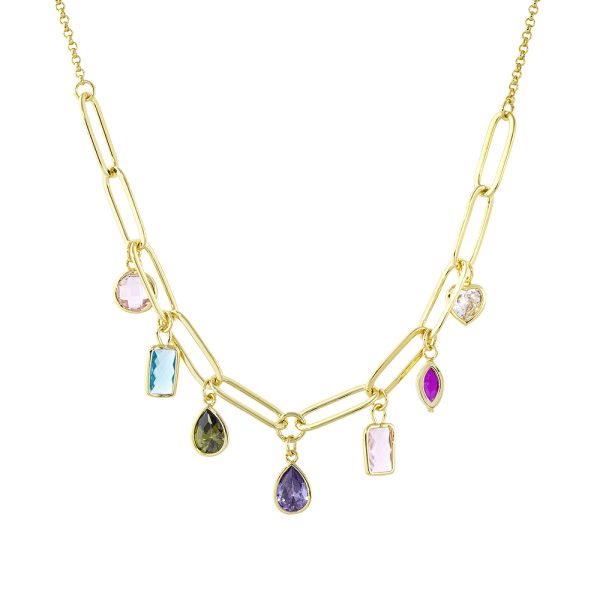 Charming Necklace metallic gold plated with oval hoops and multicolor cz