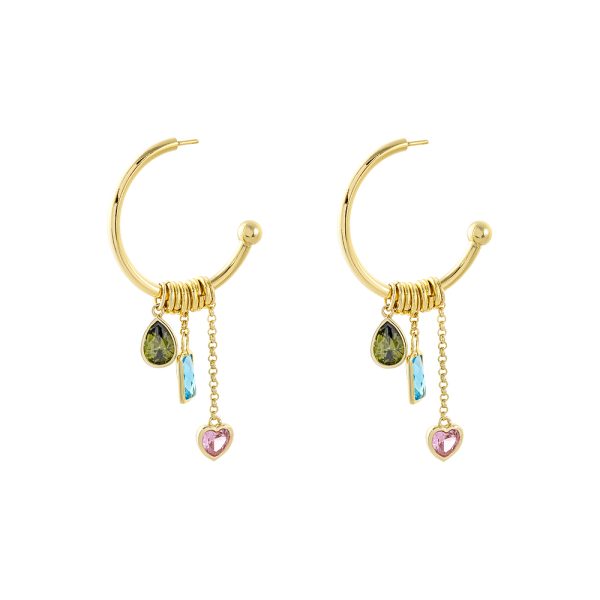 Charming Earrings metallic gold plated hoops with heart and multicolor cz