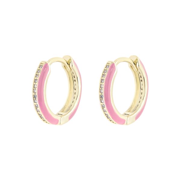Eden Earrings metallic gold plated hoops with pink enamel and white zircon 1.7 cm