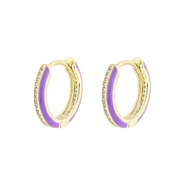 Eden Earrings metallic gold plated hoops with lilac enamel and white zircon 1.7 cm