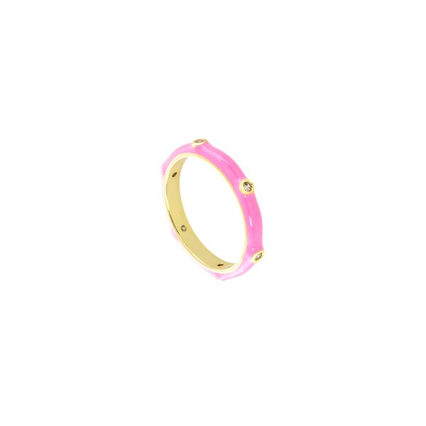 Eden Ring metallic gold plated with pink enamel and white zircon
