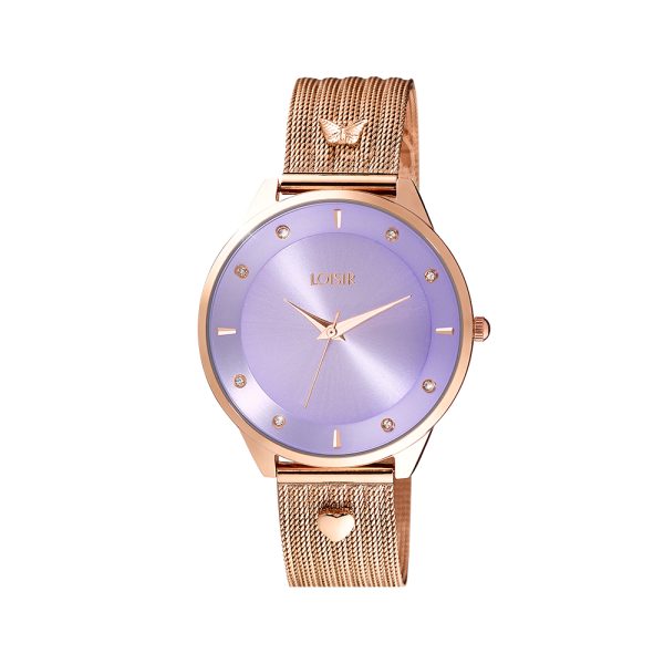 Beverly Watch with rose gold steel mesh band and lilac dial
