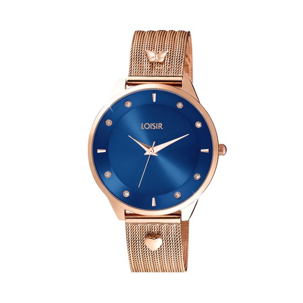 Beverly Watch with rose gold steel mesh band and blue dial