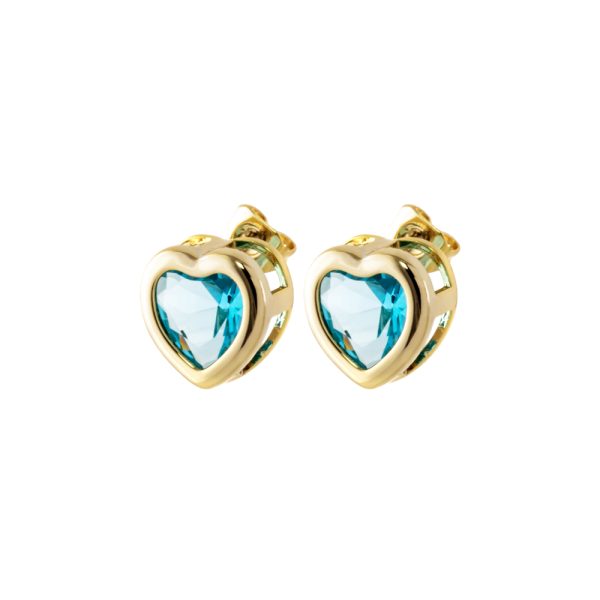Kiss Earrings metallic gold plated with heart and aqua zircon