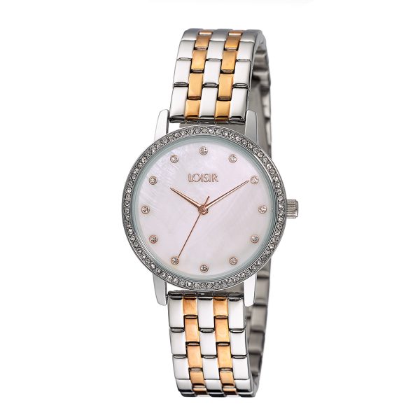 Shimmer Watch with two tone stainless steel band and white mop dial