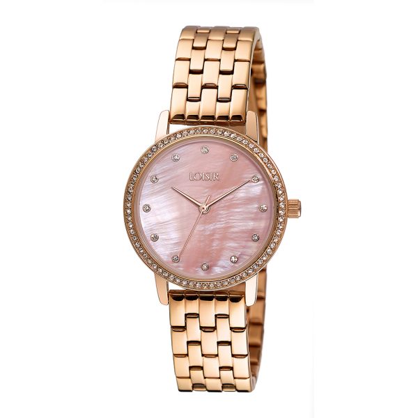 Shimmer Watch with rose gold stainless steel band and pink mop dial